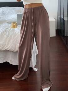 Livesso Casual Loose Straight Leg Lounge Flowy Autumn Pants Pajama - Brown - View 5