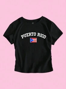 Flirla 女士波多黎各圆领字母与国旗印花短袖修身优雅休闲 T 恤图案 T 恤女式上衣 - 黑色 - 查看 3