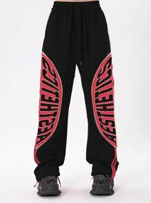 ROMWE MEN Street Life Pantalones casuales con bolsillo, estampado de letras y rayas para hombres, primavera-verano, escuela