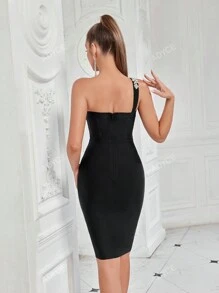 ADYCE 1pc Women's Rhinestone Embellished One-Shoulder Backless Bodycon Party Bandage Dress