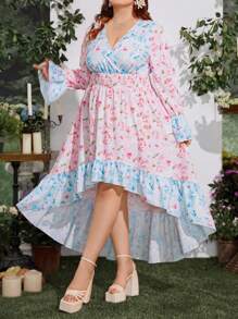 Flirla Vestido de flores con cuello en V cruzado, manga de campana y bajo asimétrico para mujer de talla grande, estilo vacacional