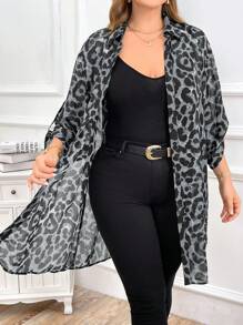 SHEIN Clasi Plus Size Chiffon Printed Open-Front Long Shirt Fall Women Clothes - Grey - View 1