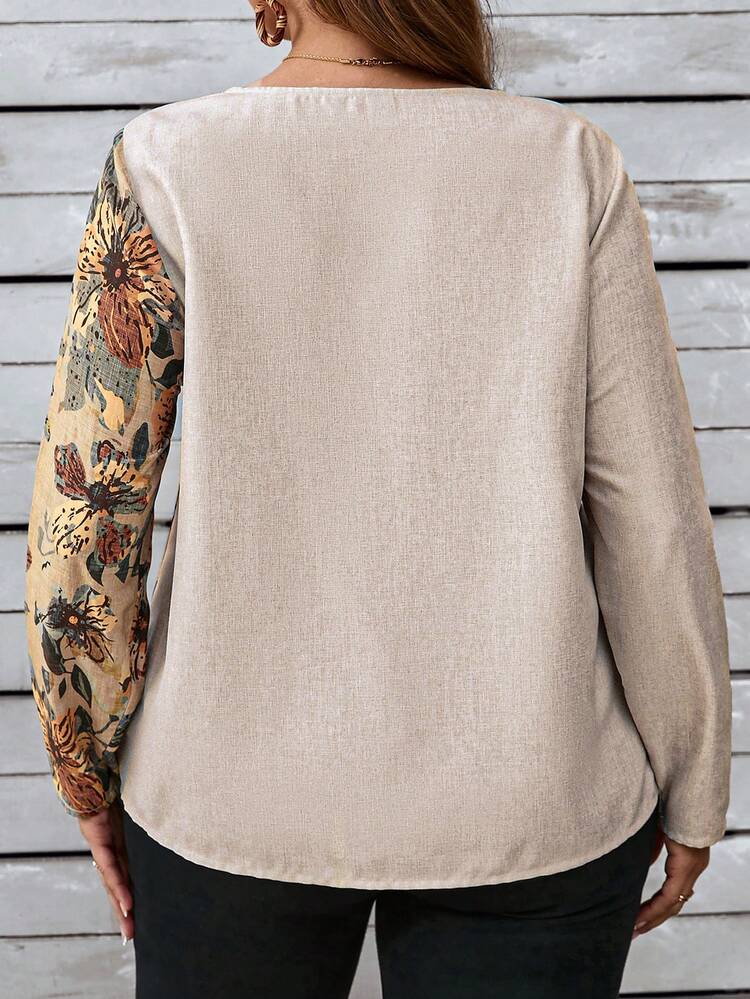 Camisa abotonada con parche floral de talla grande, primavera otoño