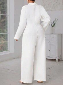 SHEIN Lady 加大码白色水钻领子收腰二合一连体裤舞会白色长袖白色女式连体裤外出服秋季女装 - 白色 - 查看 2