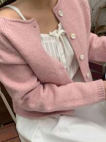 DAZY Cárdigan de mujer de manga larga con botones, unicolor, casual, elegante, lindo y romántico (rosa), ropa de mujer para otoño