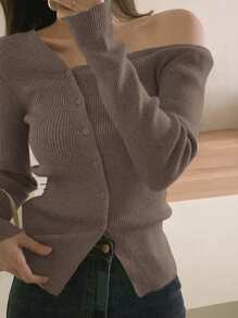 DAZY 女士纯色不对称下摆露肩针织开衫，秋装 - 棕色 - 查看 5