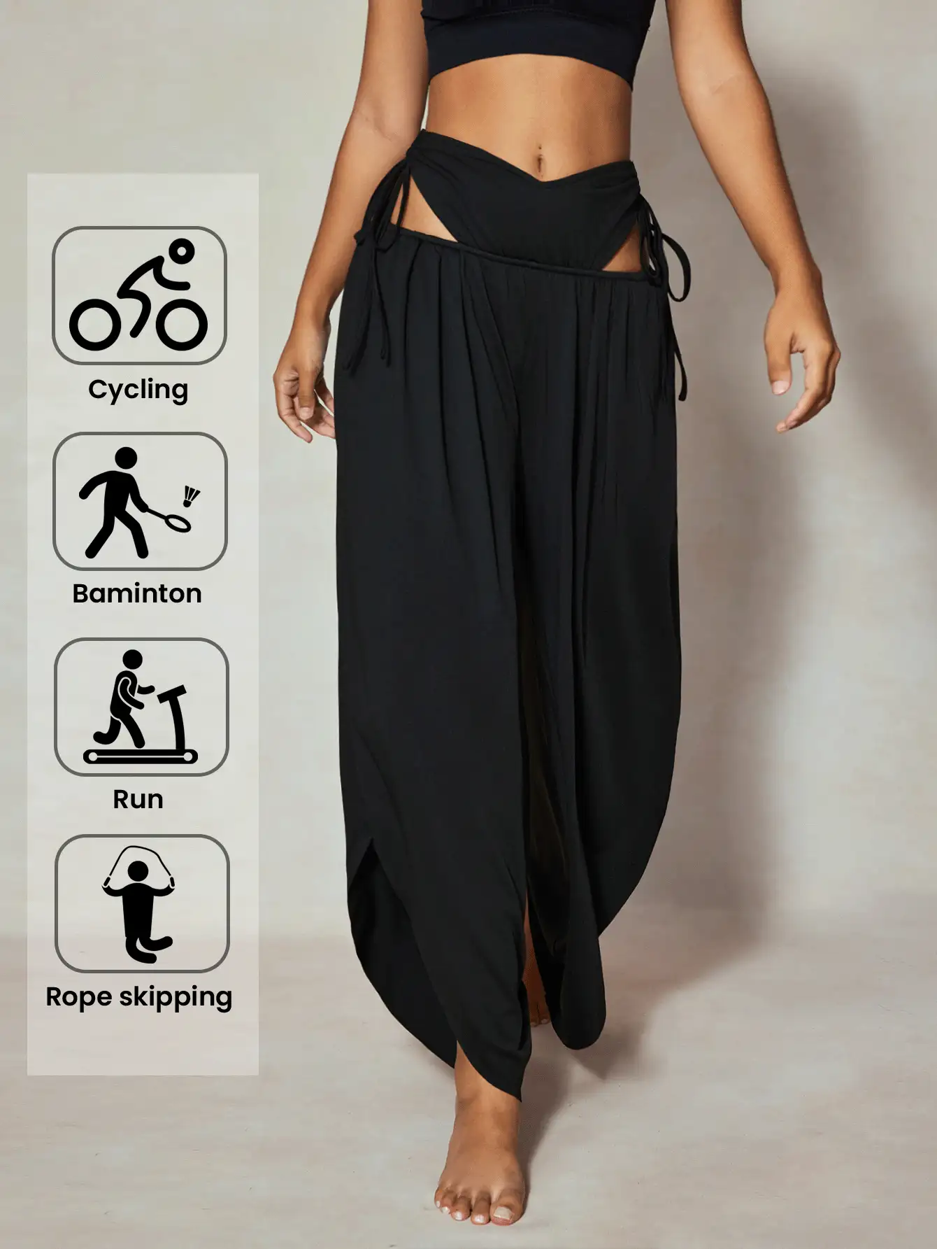 SHEIN Sports 纯色镂空系带阔腿运动裤 - 黑色 - 查看 3