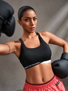 Easithlete Women's Criss-Cross Back Letter Print Colorblock Sports Bra