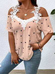 SHEIN LUNE 大码荷叶边肩带短袖心形印花休闲宽松舒适 T 恤 - 粉色 - 查看 5