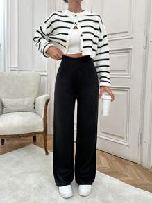 EURMUSE Women Stripe Patten Front Button Cardigan & Sweater Pants Set - Black and White - View 7