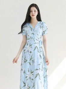 DAZY Women Floral V-Neck Fitted Short Sleeve Dress, Autumn Sundress