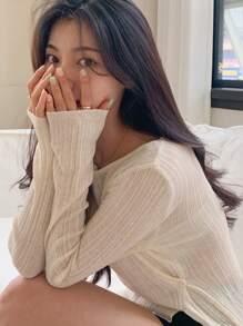 DAZY Women Crew Neck Side Slit Fitted Elegant Sweater,Fall Clothes - Apricot - View 1