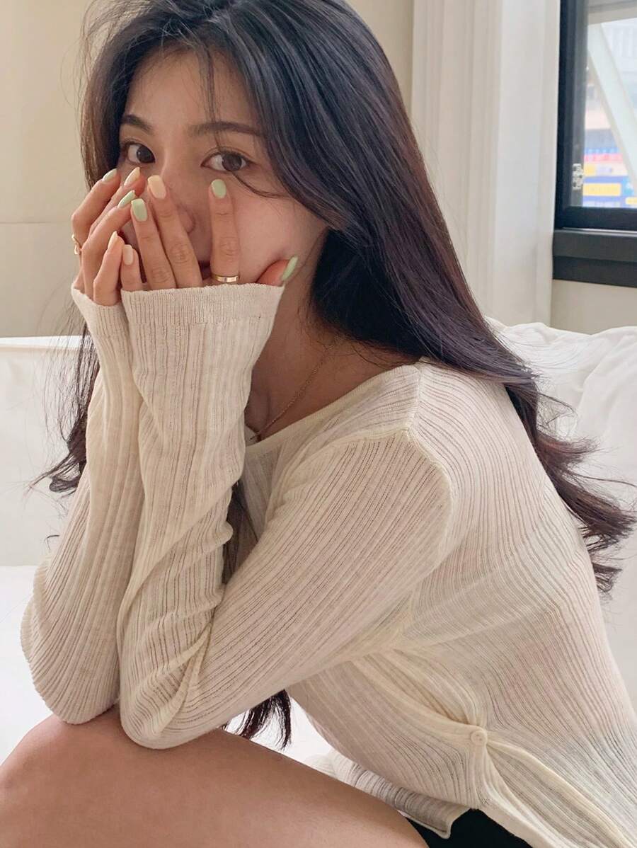 DAZY Women Crew Neck Side Slit Fitted Elegant Sweater,Fall Clothes - Apricot - View 1