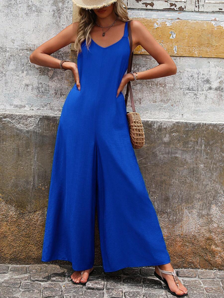 SHEIN LUNE Women's Summer Loose Wide Leg Jumpsuit With Pockets, Fashionable Leisure Vacation Romper - Royal Blue - View 1