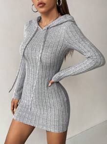 SHEIN PETITE Vestido ajustado con capucha y cordón de punto acanalado - Gris - Ver 3