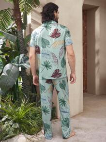 Men's Leaf Print Single-Breasted Short Sleeve Top And Pants Loungewear Set - Green - View 3