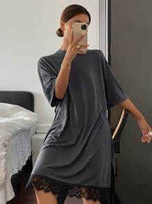 Livesso Lace Patchwork Loose Nightgown Pajama, Moo Moo Sleep Dress - Dark Grey - View 5