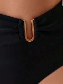 SHEIN Swim 女款純色鏤空比基尼泳褲音樂節 - 黑色 - 查看 3