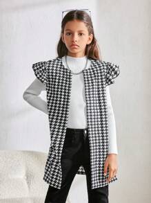 Tween Girls' Casual Houndstooth Print Puff Sleeve Round Neck Mid-Length Jacket