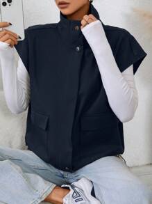 SHEIN EZwear 女士纯色前扣前拉链口袋简约夹克，秋冬日常休闲 - 藏蓝色 - 查看 4