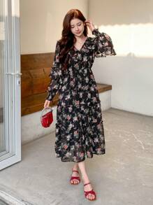 DAZY Women Floral V-Neck Ruffle Hem Long Sleeve Dress,Fall Dress - Black - View 6