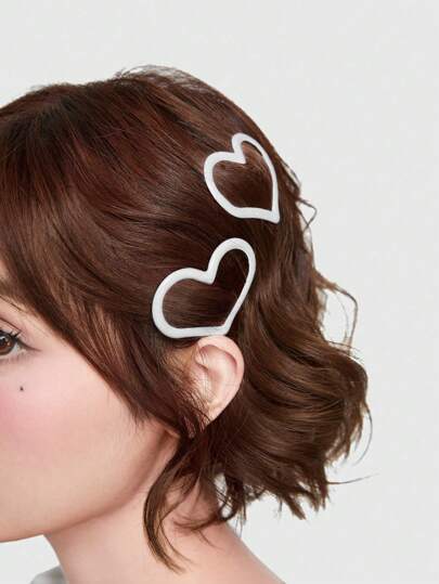 Kawaii 2pcs Minimalist Delicate Sweet Elegant White Heart Shaped Painted Drip Oil Hair Clips, Side Bangs Clips, Suitable For Daily Wear & Gifts Valentines Claw Clips Hair Claws Hair Barrettes