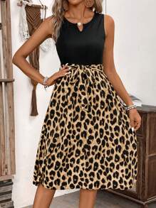 SHEIN LUNE Robe de vacances casual à patchwork imprimé léopard sans manches - Multicolore - Voir 5
