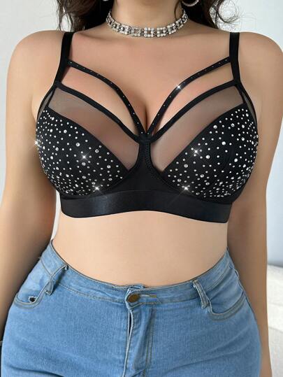 MidnightGlam 1pc Plus Size Wireless Rhinestone Decor Milk Silk Brassiere, Lingerie For Women,Sexy,Valentine's Day,Wedding