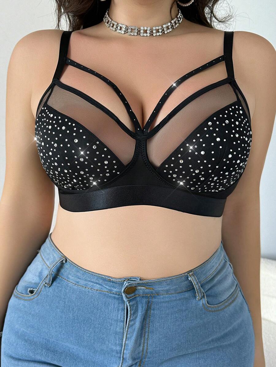 MidnightGlam 1PC Plus Kích Thước Không Dây Đính Kim Cương Giả Trang Trí Sữa Lụa Áo Yếm - màu đen - Xem 1