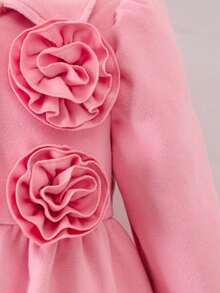 Girls Pink Flower Decorated Princess Coat With Beret, The Unique 3D Floral Design On The Coat Adds A Sweet And Elegant Touch, Perfect For Little Princesses Seeking A Refined Look. The Coat Comes With A Matching Beret In The Same Color Scheme, Creating A Cohesive And Fashionable Overall Look That Allows Kids To Showcase Their Style Even In The Cold Winter Season. Suitable For Casual Wear, Outdoor Activities, And Gatherings In The Fall And Winter. - Pink - View 6