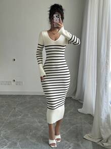SHEIN Frenchy Women's Ribbed V-Neck Ribbed Print  Sweater Dress, Fall Winter  Long Sleeve Warm Casual - Multicolor - View 1