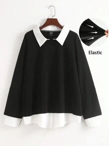 SHEIN CURVE+ Plus Size Women's Spring Autumn 2 In 1 Contrast Collar Fall Sweatshirt Graduation,Back To School Outfits,Graduation,Teacher Outfits For Women,Back To School - Black and White - View 1