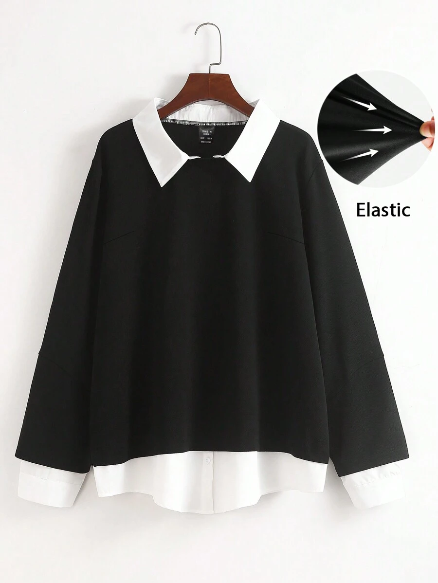 SHEIN CURVE+ Plus Size Women's Spring Autumn 2 In 1 Contrast Collar Fall Sweatshirt Graduation,Back To School Outfits,Graduation,Teacher Outfits For Women,Back To School - Black and White - View 1