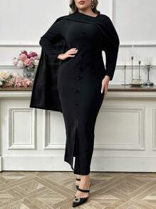 Modelyn Plus Size Spring/Autumn Elegant Solid Color Asymmetric Collar Split Bodycon Dress, For Casual Daily/Holiday/Evening Parties/Wedding Guest - Black - View 5