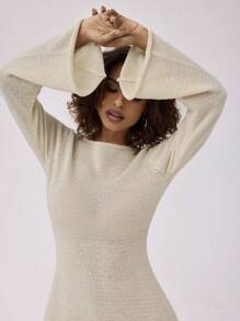 Forever 21 Fall Clothes Long Sleeve  Mini Woolen Fabric Backless Halter  Dress - Apricot - View 3