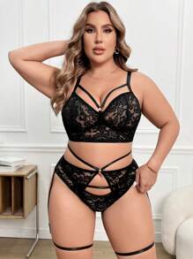 Set Bra Tanpa Kawat Seksi Ukuran Plus 5pcs dengan Renda dan Jala Kontras - Hitam - View 6