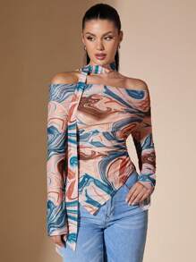 SHEIN BAE 大理石印花露肩长袖不对称下摆修身上衣，女士秋冬装 - 藍色 - 查看 6