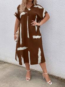 EMERY ROSE Plus Size V-Neck Short Sleeve Floral Print Loose Slit Elegant Graceful Charming Dress - Brown - View 5