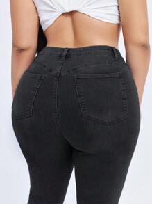 Flexra Plus Size Women's Solid Color Minimalist Daily Stretchy Knit Denim Jeans - Black - View 3