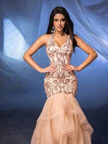 Glamrae 优雅奢华香槟色定位亮片 V 领高腰紧身后下摆马尾夸张网眼蓬松连衣裙约会单身派对返校季婚礼活动重型晚宴舞会礼服正式晚间婚礼宾客礼服，适合毕业典礼 - 香檳色 - 查看 2