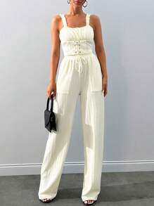 Textured Fabric Cami Top & High Waist Wide Leg Side Pocket Pant Summer Two Piece Outfit
