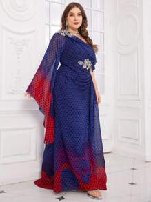 Plus Size Single-Breasted Beaded Decor Modest Long Flare Sleeve Chiffon Dress With Randomly Cut Watercolor Printed Patterns, Waist With Beaded Flower And Sequin Trims, Elegant And Gorgeous Spring - Purple - View 5