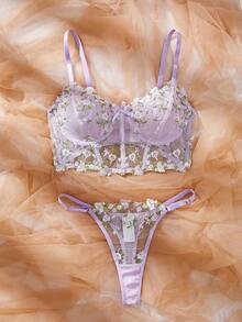 2pcs Women Sexy Deep-V Longline Bra Set - Lilac Purple - View 3