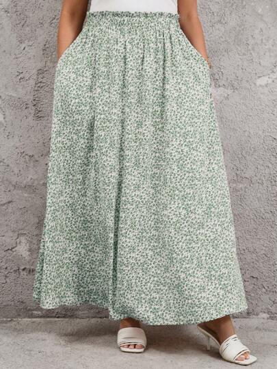 Reflora Plus Size Summer Green Floral Printed High Waist Flared Skirt