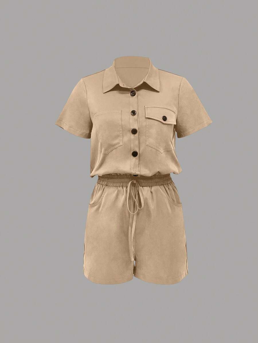 SHEIN LUNE Women's Button Pocket Short Sleeve Drawstring Jumpsuit - Khaki - View 1