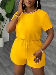 Slaydiva Casual Loose Round Neck Cinched Waist Women's Jumpsuit - Yellow - View 1