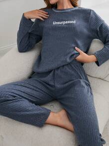 RueChic 100% Cotton 2Pcs  Slogan Injection Printed Shirt And Lounge Bottom Homewear Lounge Set - Dusty Blue - View 1