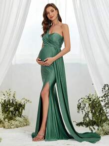 Faeriesty Dressalisa Maternity One Shoulder Split Thigh Draped Side Formal Party Dress - Green - View 3