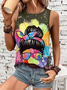 SHEIN LUNE Summer Casual Colorful Tie-Dye Printed Women's Tank Top Featuring Figure Print