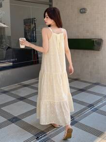 DAZY 女士夏季休闲纯色镂空刺绣吊带连衣裙，荷叶边，返校季服装，度假装，邮轮旅行装，女士长款连衣裙 - 米色 - 查看 6